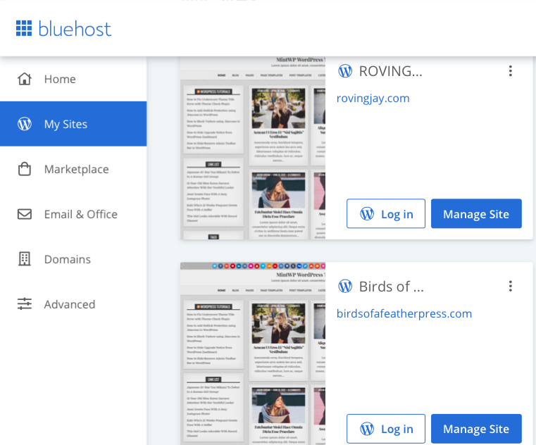 Bluehost Dashboard - My Sites page WordPress BLog