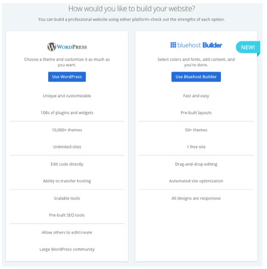 Bluehost website software options